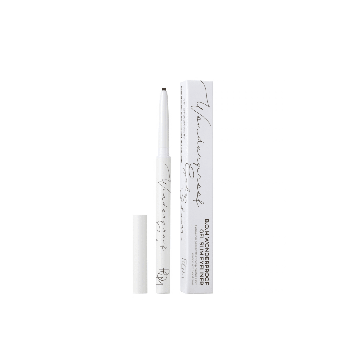 B.O.M Wonderproof Gel Slim Eyeliner in black, showcasing the sleek pencil with a fine tip for precise application.