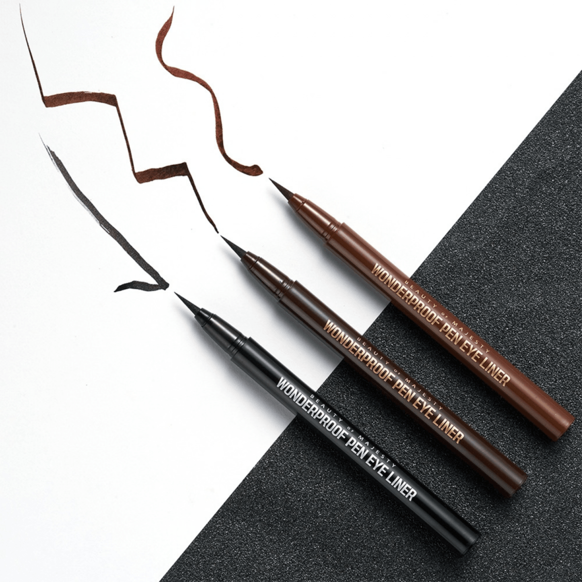 B.O.M Wonderproof Pen Eyeliner in black, liquid eyeliner with precise tip for easy application, shown in a sleek pen design.