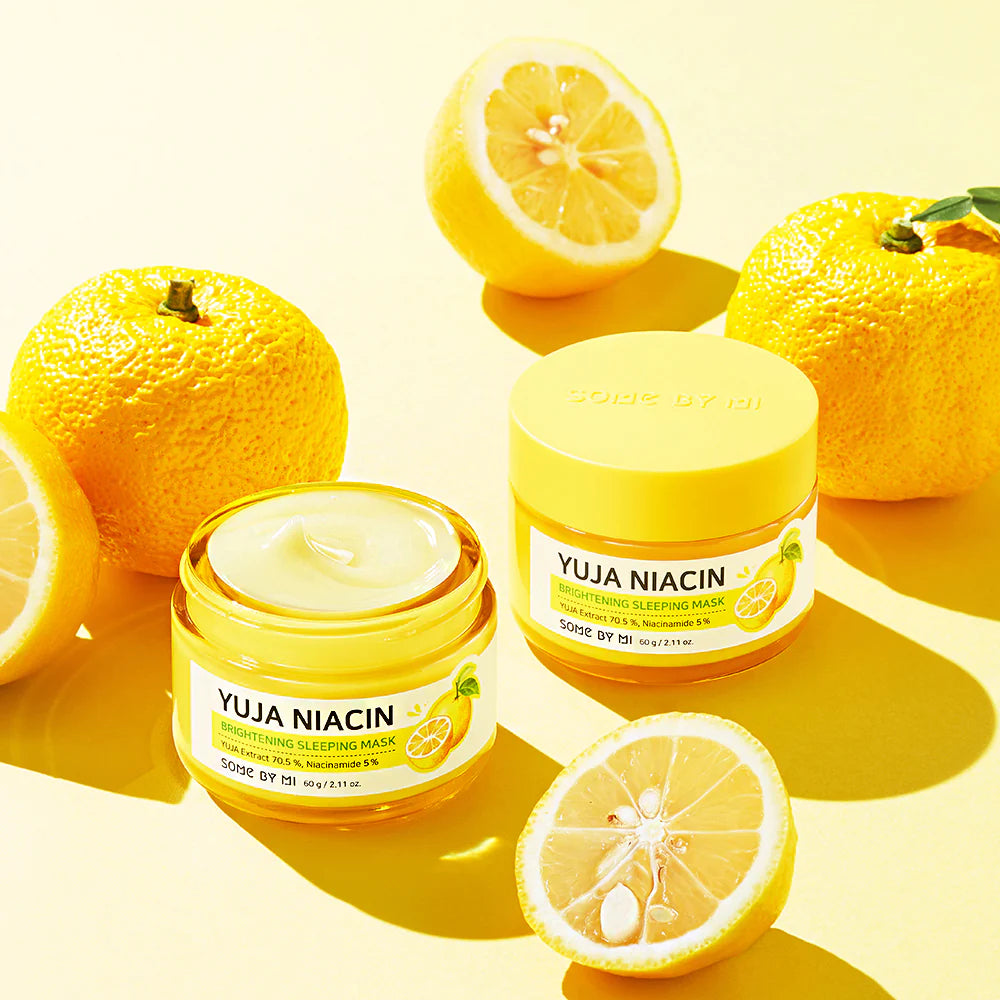 Some By Mi Yuja Niacin Brightening Sleeping Mask in a 60g jar, showing the product label and vibrant packaging.