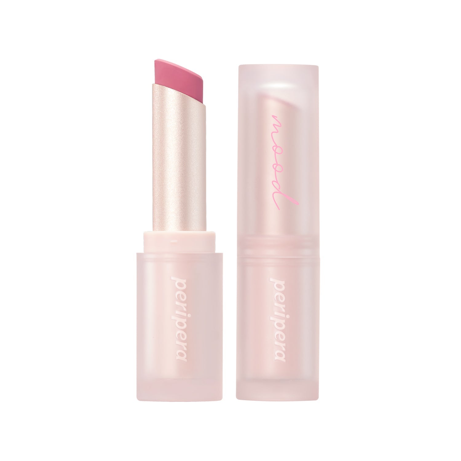 Peripera Ink Mood Matte Stick lipstick in a vibrant pink shade, showing the sleek, rounded lipstick bullet and packaging detail.