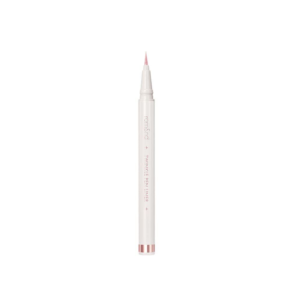 Rom&nd Twinkle Pen Liquid Eyeliner in pink, featuring a sleek pen design with five vibrant color options.