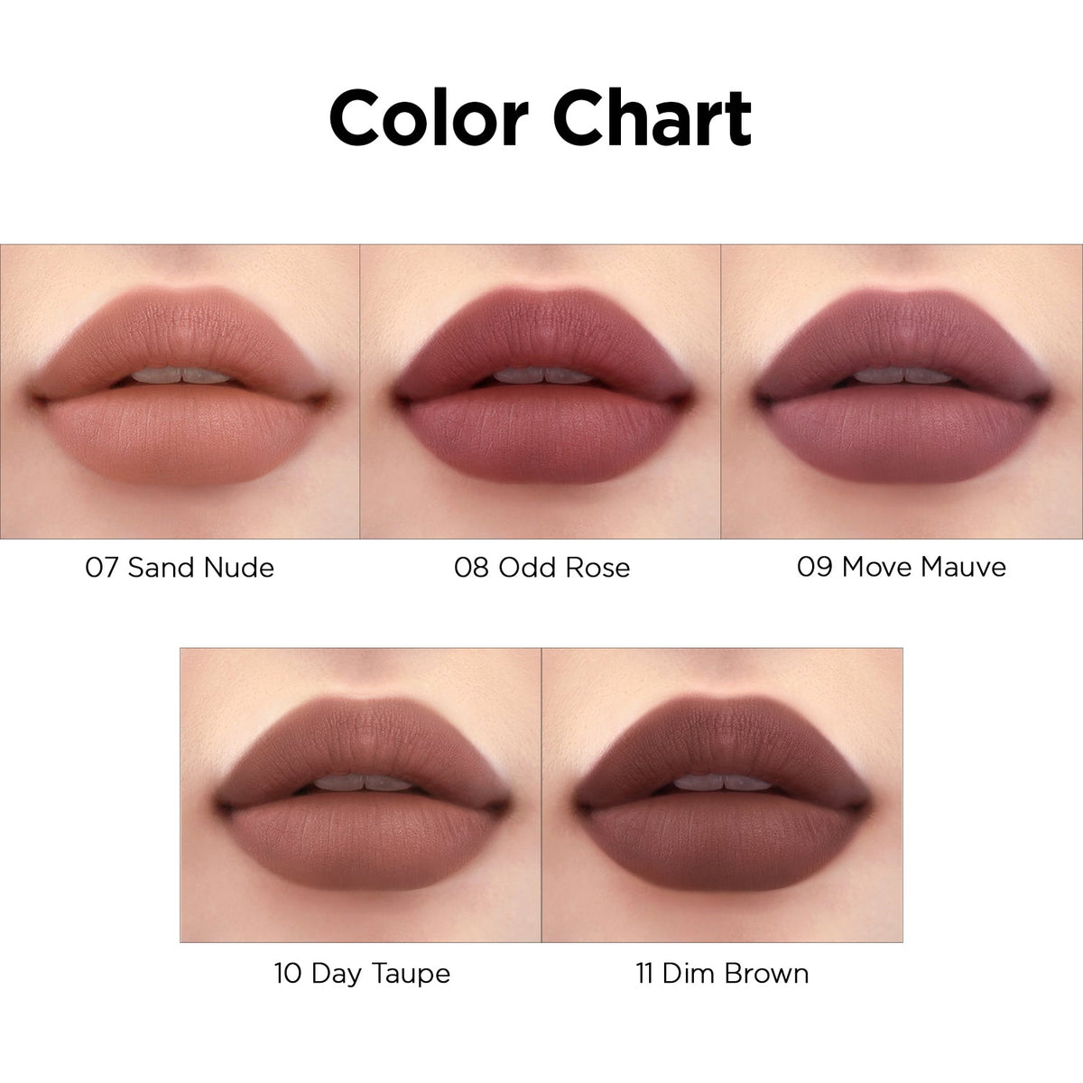 Peripera Ink Velvet Intense Stick lipstick color chart showing various shades in the lipstick tube.