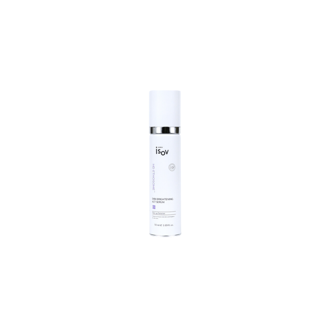 ISOV Skin Brightening Act Serum 50ml bottle, clear glass container with dropper for glowing, radiant skin.