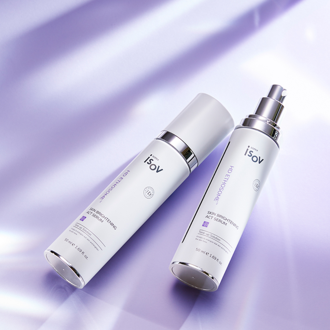 ISOV Skin Brightening Act Serum 50ml bottle showing clear liquid and sleek packaging on a white background