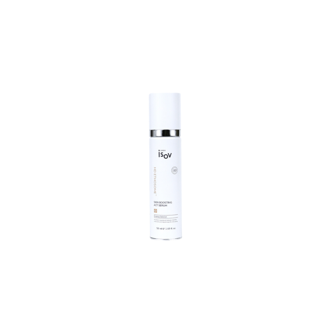 ISOV Skin Boosting Act Serum 50ml bottle with dropper, clear liquid, designed for skin revitalization and hydration.