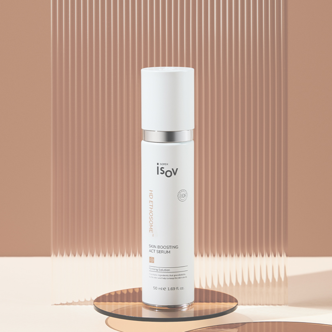 ISOV Skin Boosting Act Serum 50ml bottle with dropper, clear liquid inside, designed for brightening and revitalizing skin.