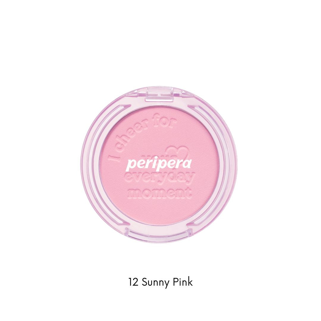 Peripera Pure Blushed Sunshine Cheek blush in a soft peach shade, showing the smooth powder compact and natural color.
