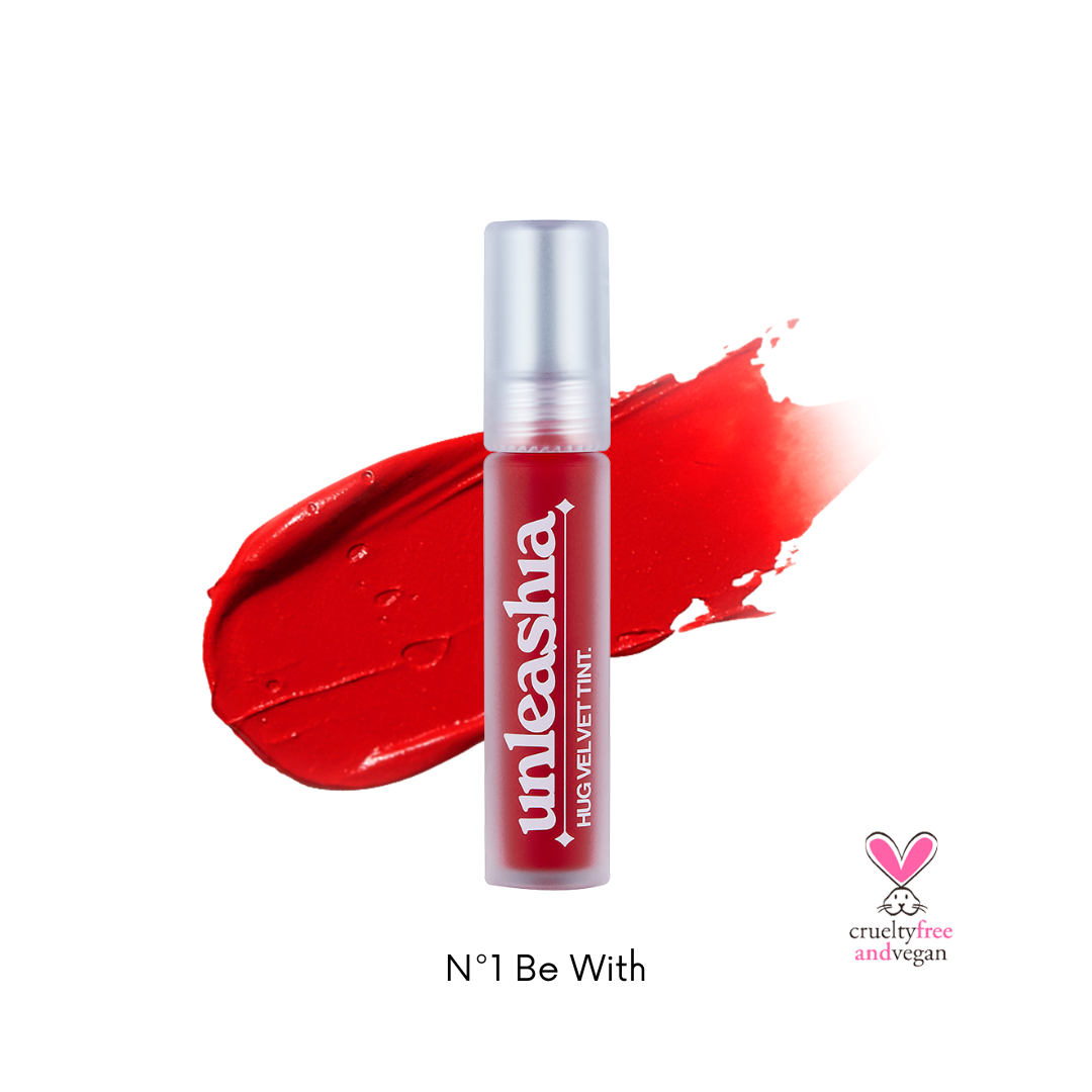 Unleashia Hug Velvet Tint lip color in 6 shades, showing smooth, velvety texture and vibrant color on lips.