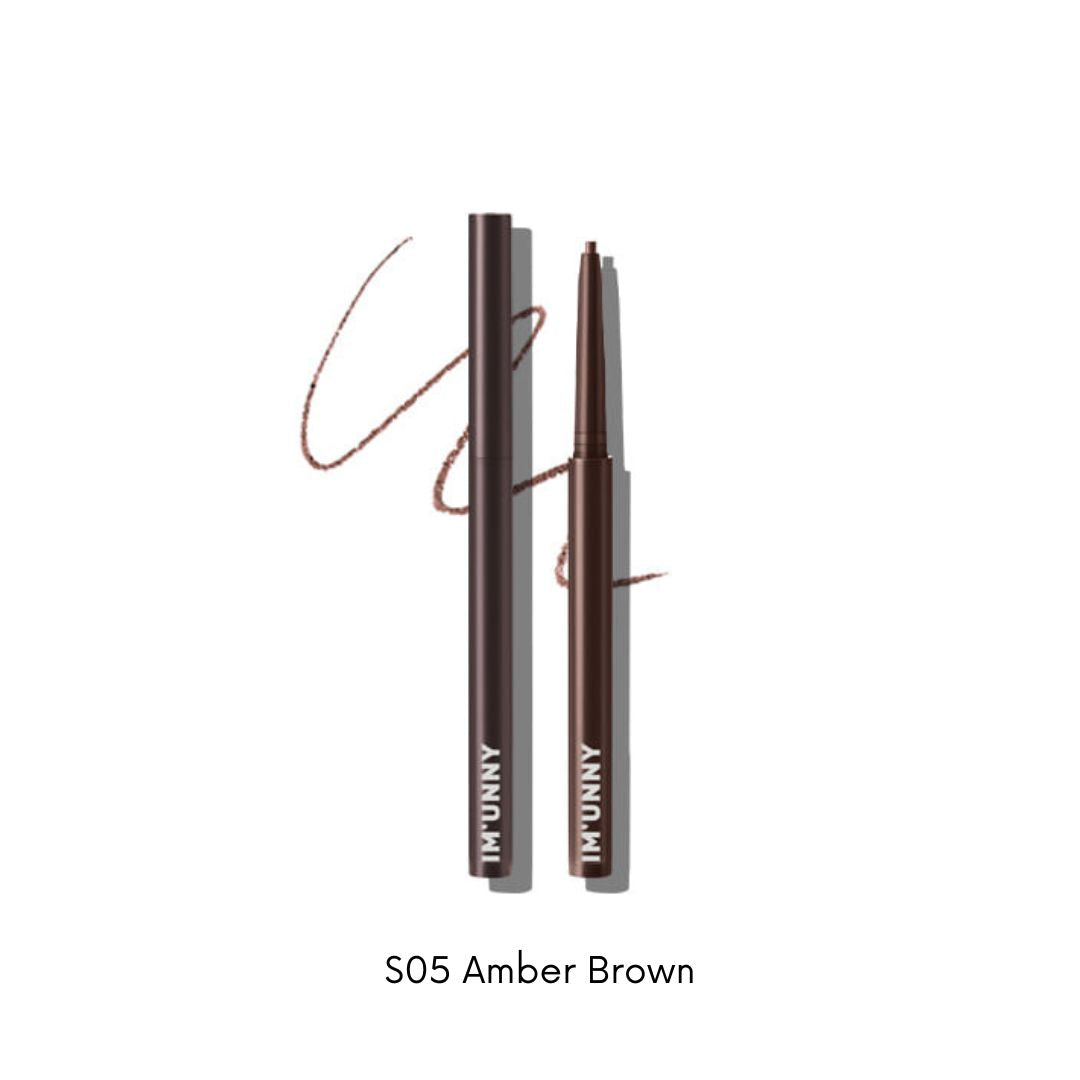 I'M UNNY skinny fit slim pencil gel eyeliner in black, shown with the pencil tip and smooth gel formula on a white background.