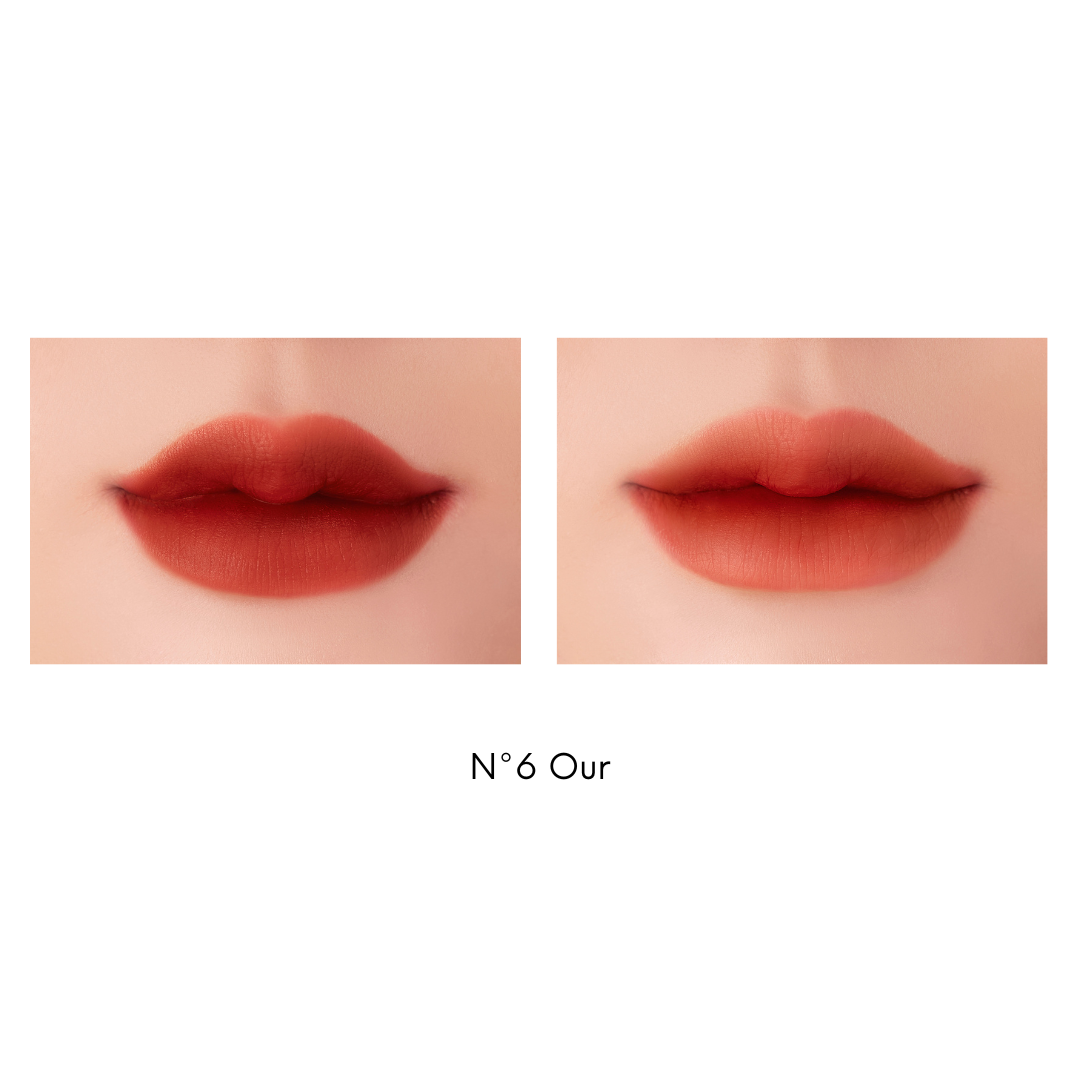 Unleashia Hug Velvet Tint lip tint in six colors, showing a close-up of the smooth, velvety texture on lips.
