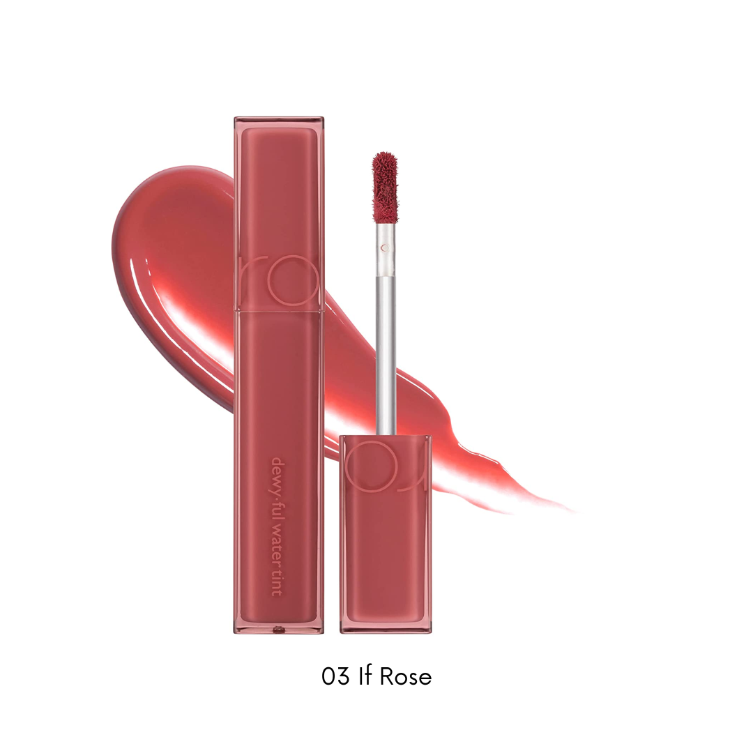 Rom&nd Dewy-ful Water Tint lip tint in 13 colors, featuring a glossy, hydrating finish and natural-looking tint on lips.