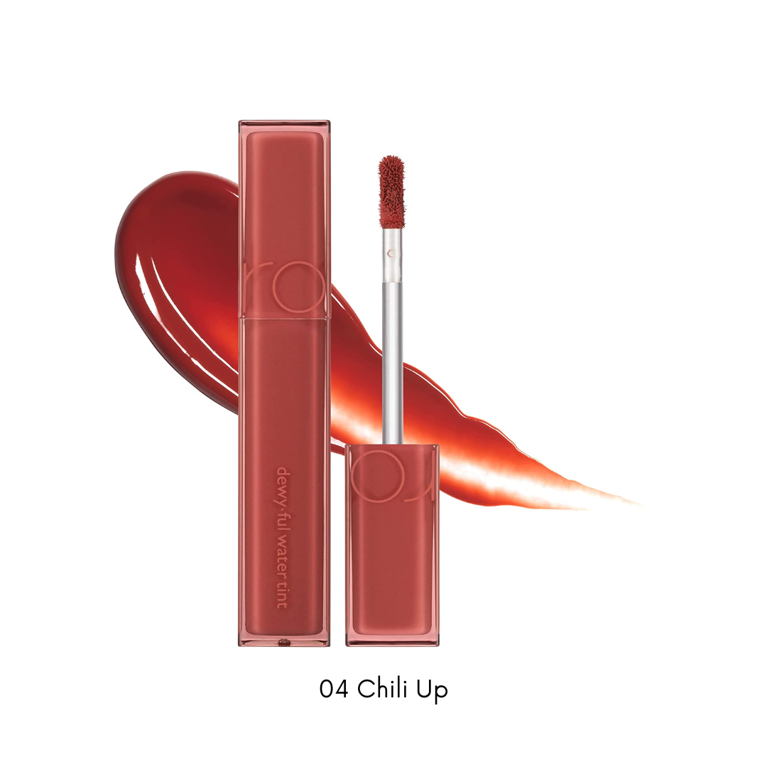 Rom&nd Dewy-ful Water Tint lip tint in various shades, featuring a glossy, dewy finish in 13 vibrant colors.
