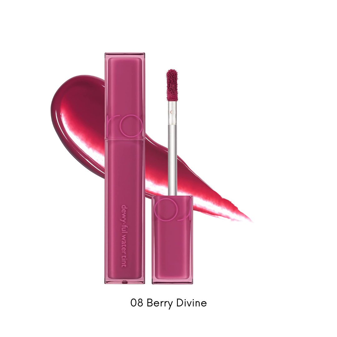 Rom&nd Dewy-ful Water Tint lip tint in 13 vibrant colors, showing smooth, glossy application on lips.
