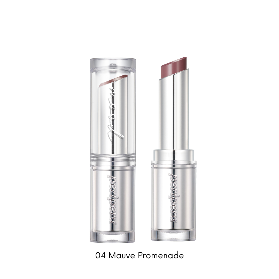 Peripera Ink Mood Glowy Balm lipstick in a vibrant, glossy shade, showing the sleek tube and the balm's smooth, luminous finish.