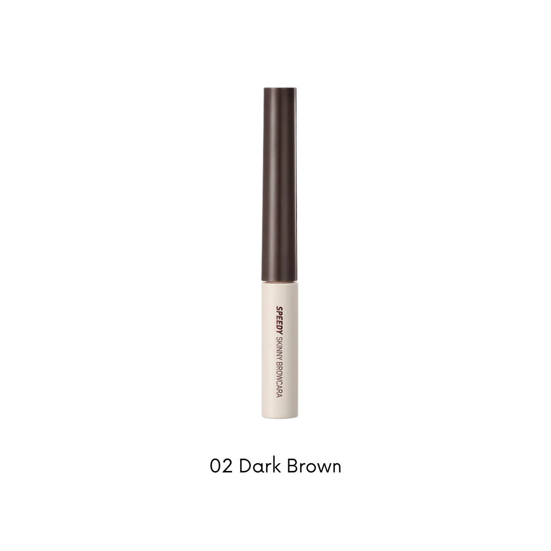 Peripera Speedy Skinny Browcara for eyebrows, showcasing the slim brush and natural brow tint on a neutral background.