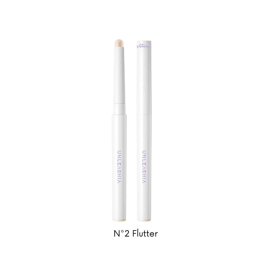 Unleashia Pretty Easy Glitter Stick eyeshadow in 7 vibrant colors, showing the shimmering glitter texture and colorful applicator.
