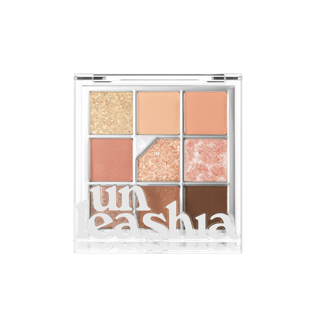 Unleashia Glitterpedia Eye Palette with 7 colorful eyeshadows in shimmery glitter shades on a neutral background.