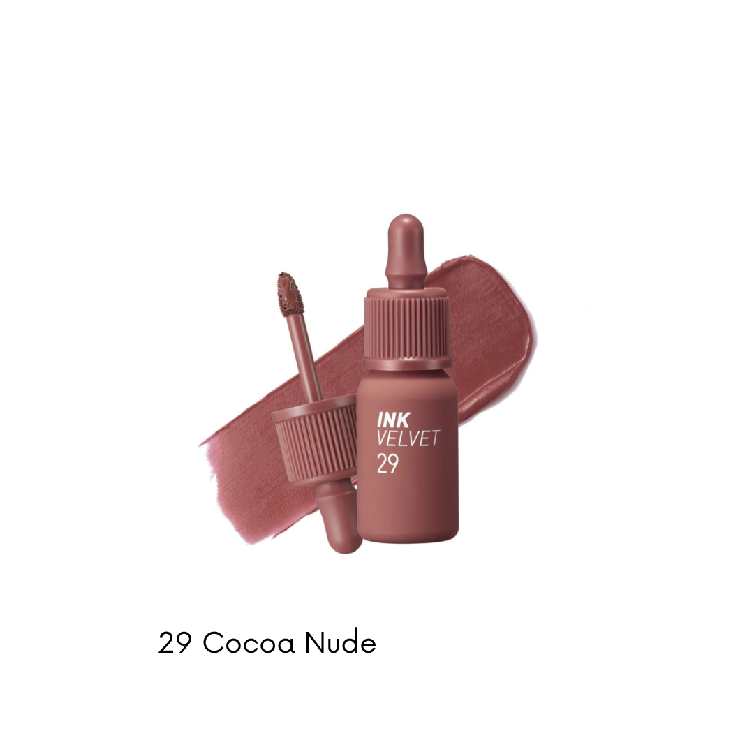 Peripera Ink Velvet lip tint in a vibrant shade, showing the smooth application and creamy texture on the lips.