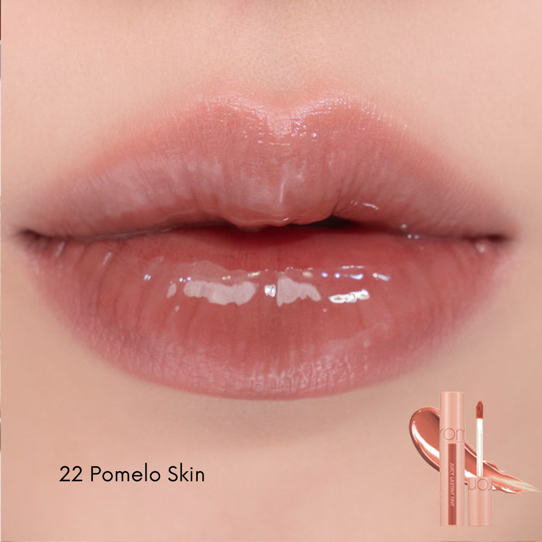 Rom&nd Juicy Lasting Tint lip tint in a vibrant shade, showing the product tube with colorful packaging on a neutral background.