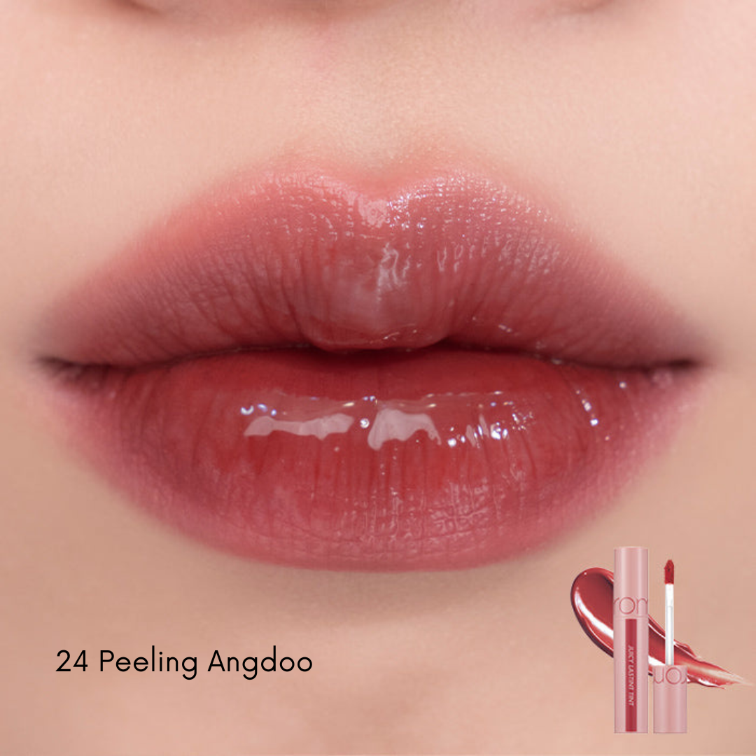 Rom&nd Juicy Lasting Tint lip tint in a sleek tube, showing the vibrant color and applicator tip for natural, long-lasting lip color.