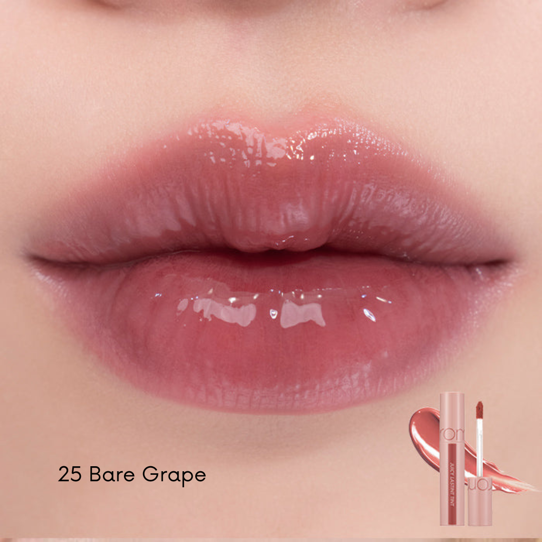 Rom&nd Juicy Lasting Tint lip tint in a vibrant shade, showcasing its smooth, glossy finish on lips.