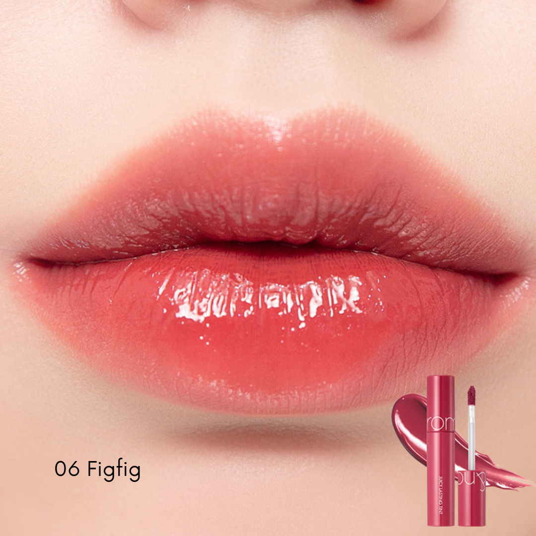 Rom&nd Juicy Lasting Tint lip tint in a vibrant shade, showing the tube and applicator on a neutral background.