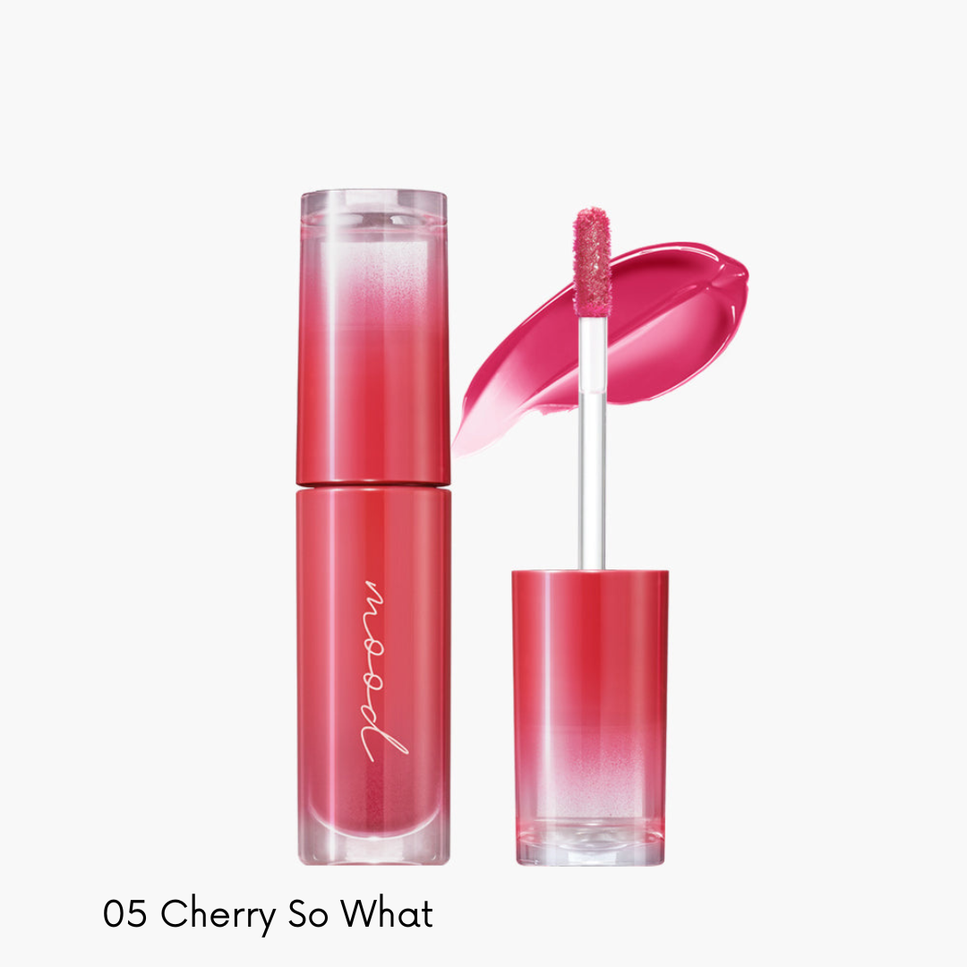 Peripera Ink Mood Glowy Tint lip tint in a vibrant shade, showing the sleek tube and applicator against a neutral background.