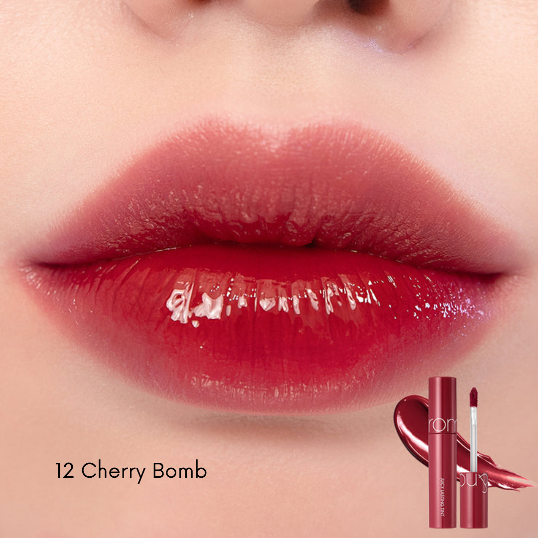 Rom&nd Juicy Lasting Lip Tint applied on lips showing vibrant color with a glossy finish in a close-up shot.