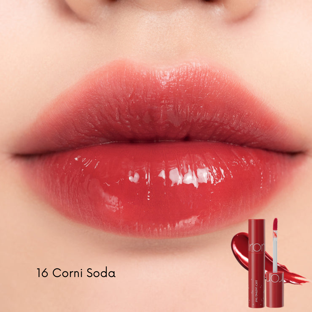 Rom&nd Juicy Lasting Lip Tint in a vibrant coral shade, showcasing its smooth, glossy texture on a clear background.