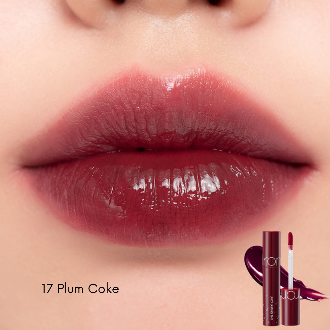Rom&nd Juicy Lasting Tint lip tint in a vibrant shade, applied smoothly on lips with a glossy finish.