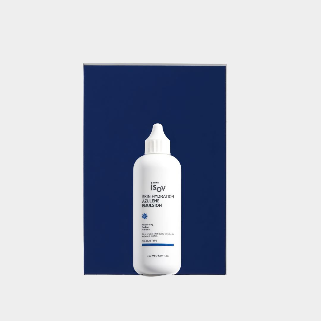 ISOV Skin Hydration Azulene Emulsion 150ml, face moisturizer with azulene for soothing and hydrating skin, shown in a pump bottle.
