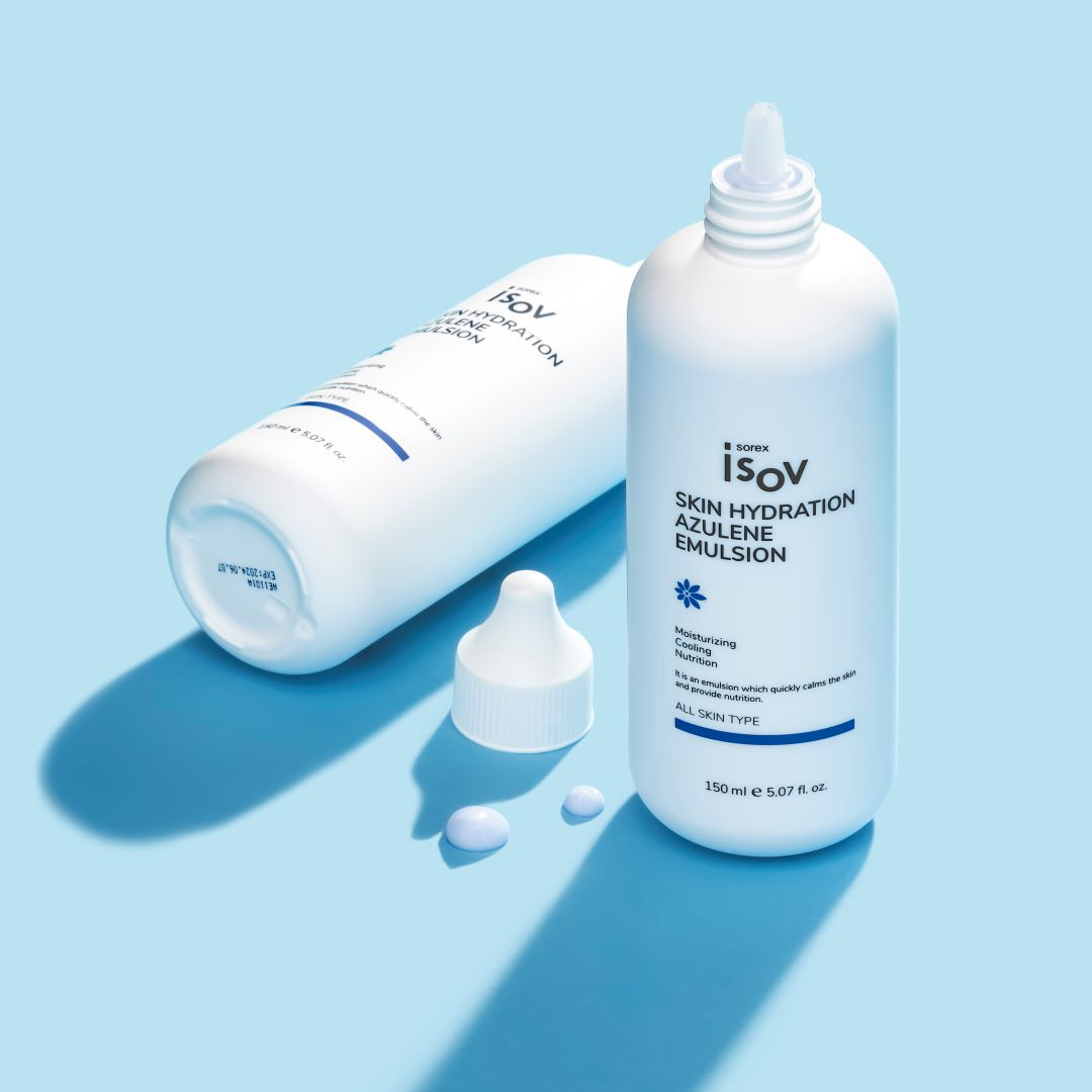 ISOV Skin Hydration Azulene Emulsion 150ml face moisturizer in a clear jar with a white lid, showing the product label and blue accents.