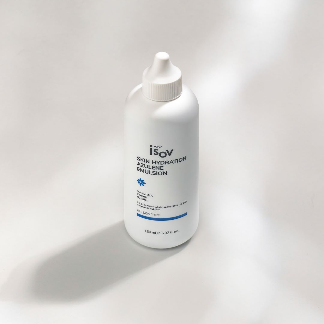 ISOV Skin Hydration Azulene Emulsion 150ml face moisturizer in a white bottle with blue accents, designed for soothing skin.