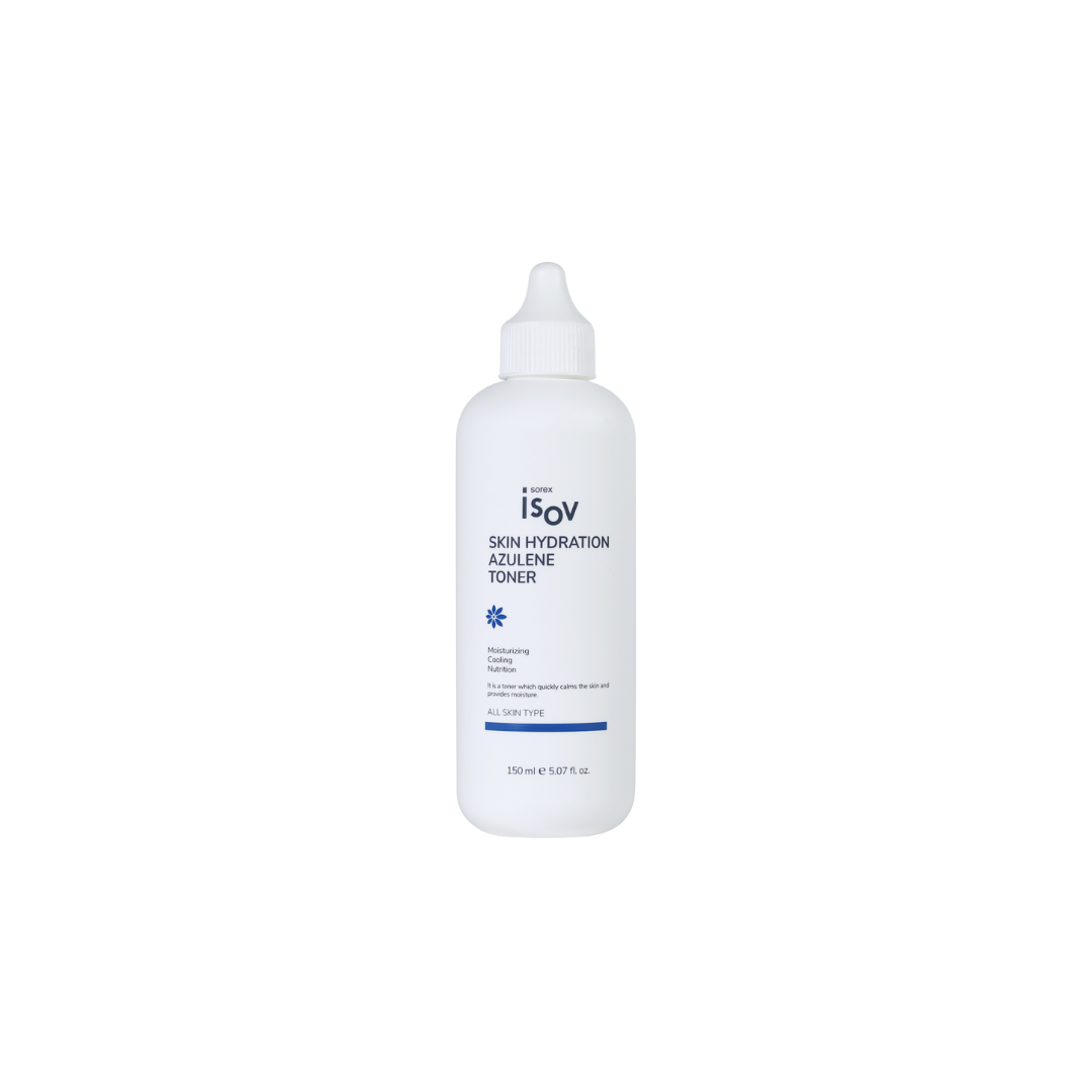 ISOV Skin Hydration Azulene Toner in 150ml bottle, featuring clear liquid and blue-tinted cap, designed for soothing skin.