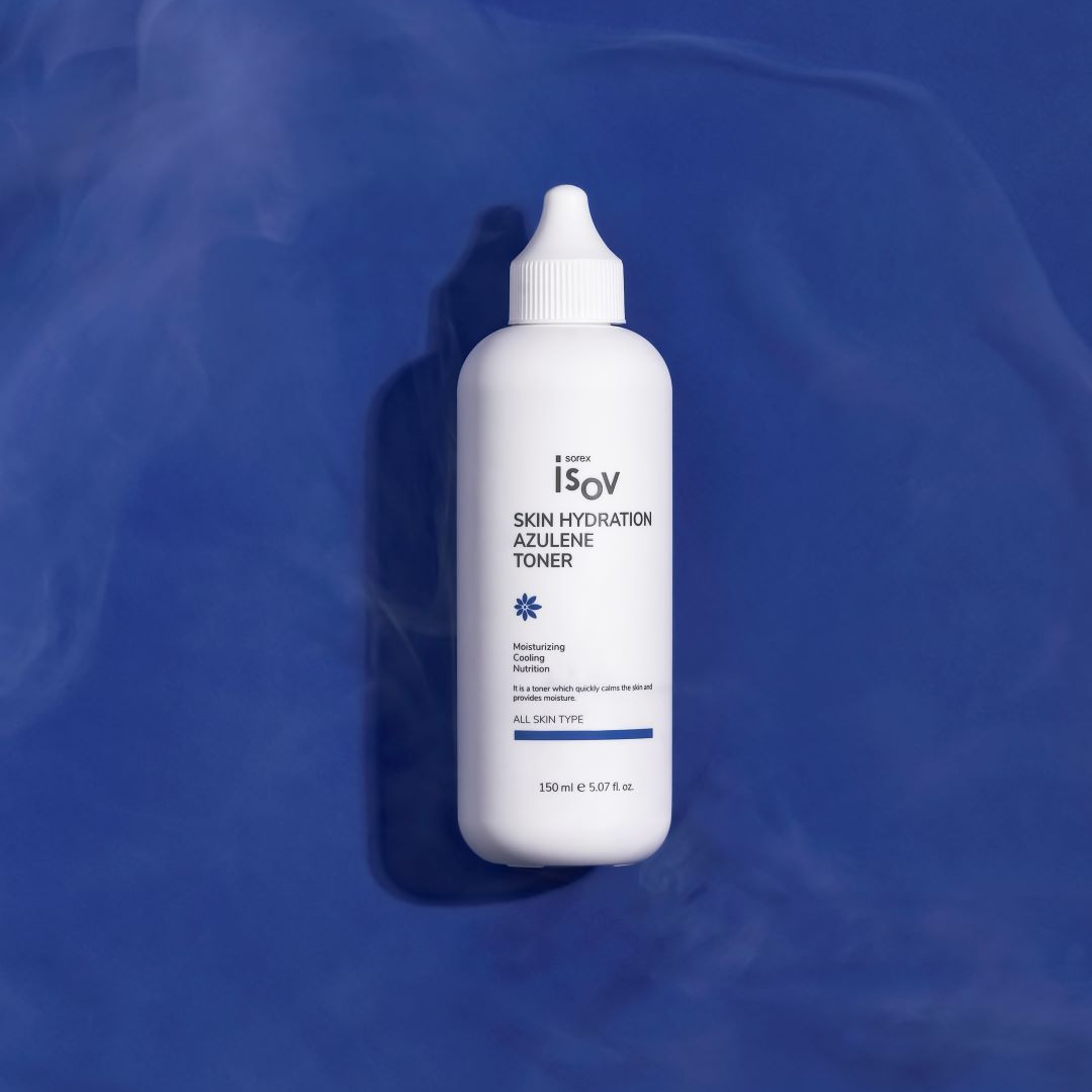 ISOV Skin Hydration Azulene Toner 150ml bottle with clear liquid and blue label, designed for soothing and hydrating skin.