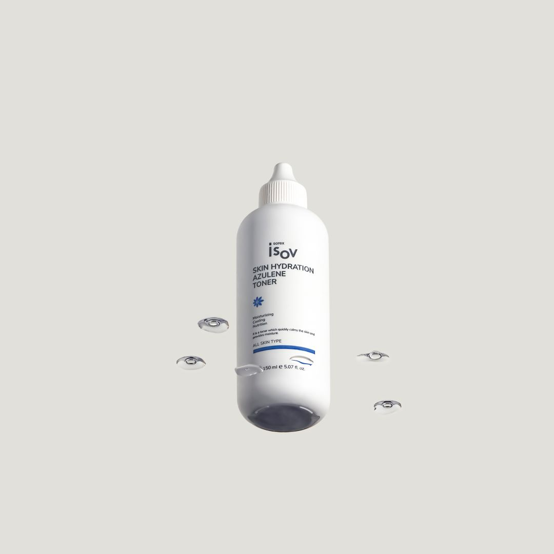 ISOV Skin Hydration Azulene Toner in a 150ml bottle, showing the clear liquid and minimalist label design.