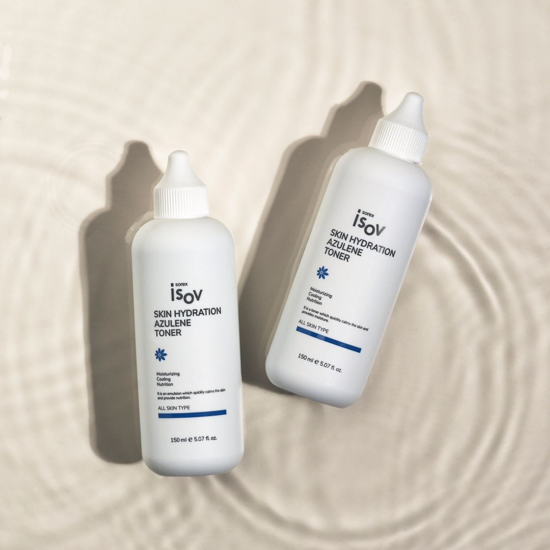 ISOV Skin Hydration Azulene Toner bottle, 150ml, with clear liquid and blue label, designed for soothing and hydrating skin.