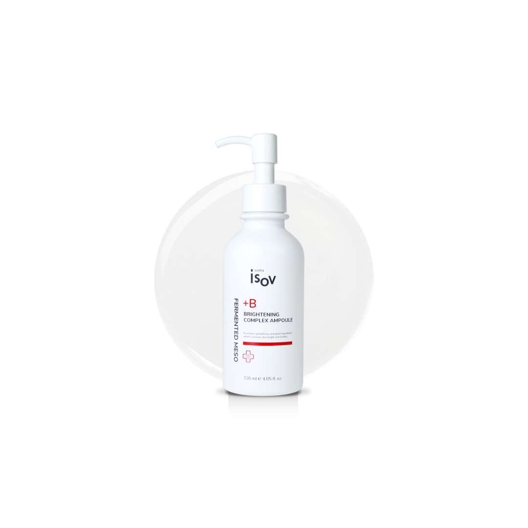 ISOV Fermented Meso+B Ampoule 120ml skincare product in a clear glass bottle with dropper for facial treatment.
