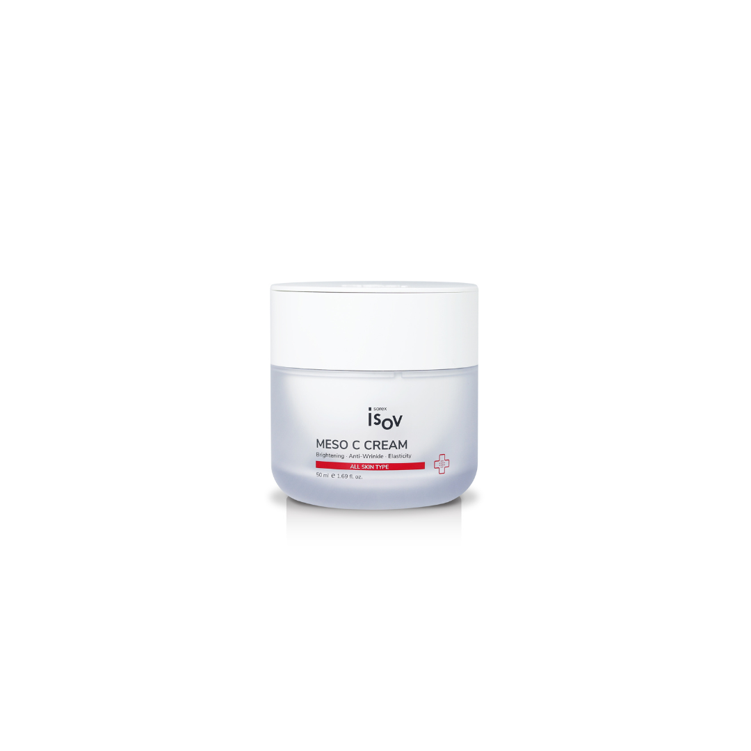 ISOV Meso C Face Moisturiser in a 50ml jar, featuring a creamy texture and packaging with a white and orange design.