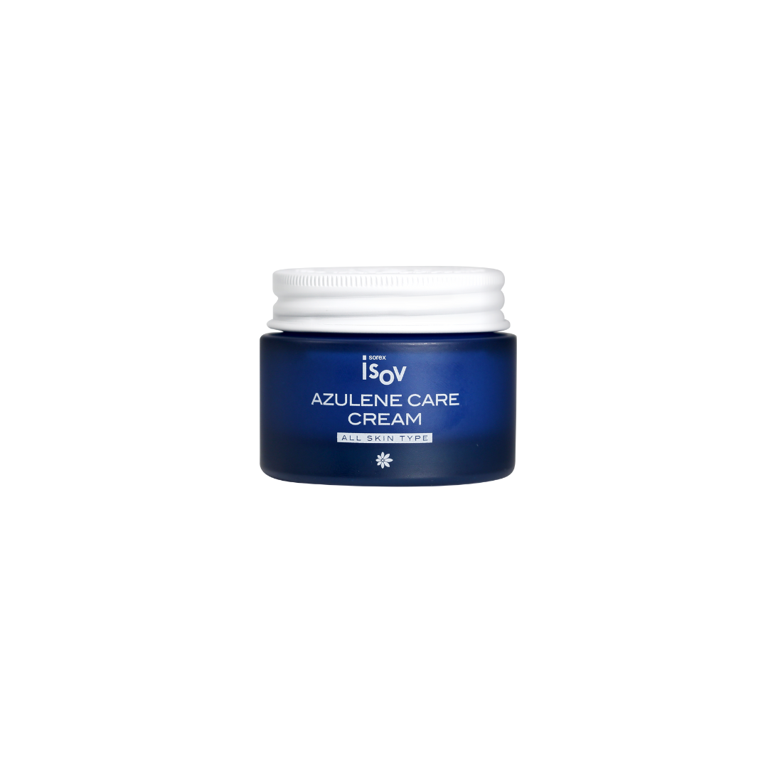 ISOV Azulene Care Cream 50ml face moisturizer jar with smooth blue and white packaging, designed for soothing skin hydration