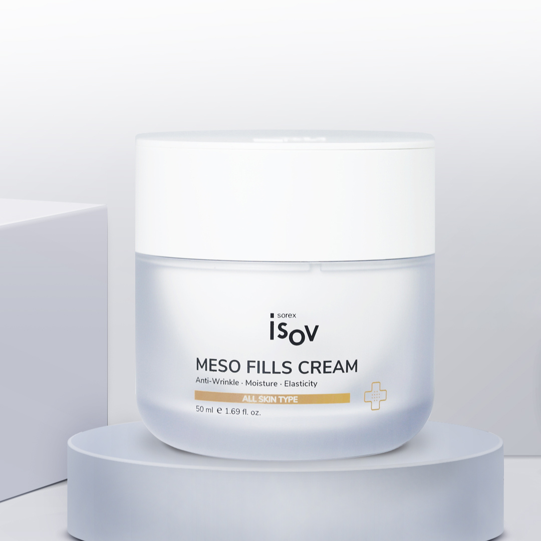 ISOV Meso-fills Cream 50ml face moisturizer in a white jar with a pink lid, designed to hydrate and rejuvenate the skin.