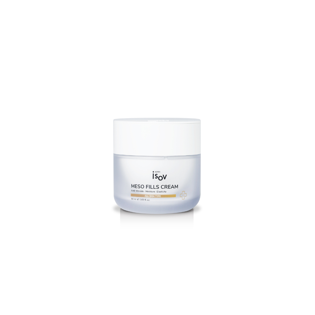 ISOV Meso-fills Face Moisturiser 50ml jar with cream, smooth texture, and clean packaging for skincare hydration.