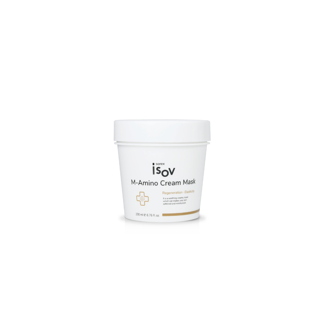 ISOV M-Amino Cream Mask 200ml wash-off mask in a white jar with a blue lid, featuring a smooth cream texture and skincare branding