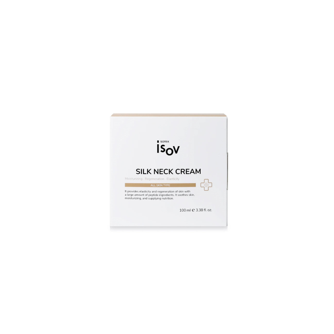ISOV Silk Neck Cream 100ml jar with smooth, luxurious cream visible in open jar, designed for nourishing and hydrating the neck area.