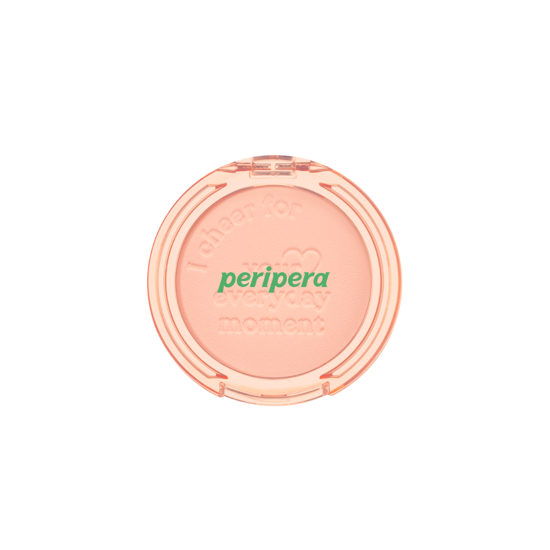 Peripera Pure Blushed Sunshine Cheek blush compact with soft pink and peach shades in a sleek circular case.
