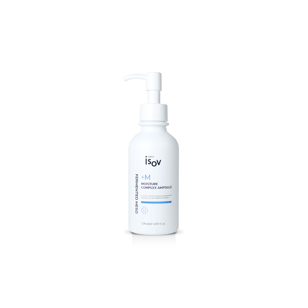 ISOV Fermented Meso+M Ampoule 120ml, a skincare ampoule with fermented ingredients, shown in a clear bottle with a dropper.