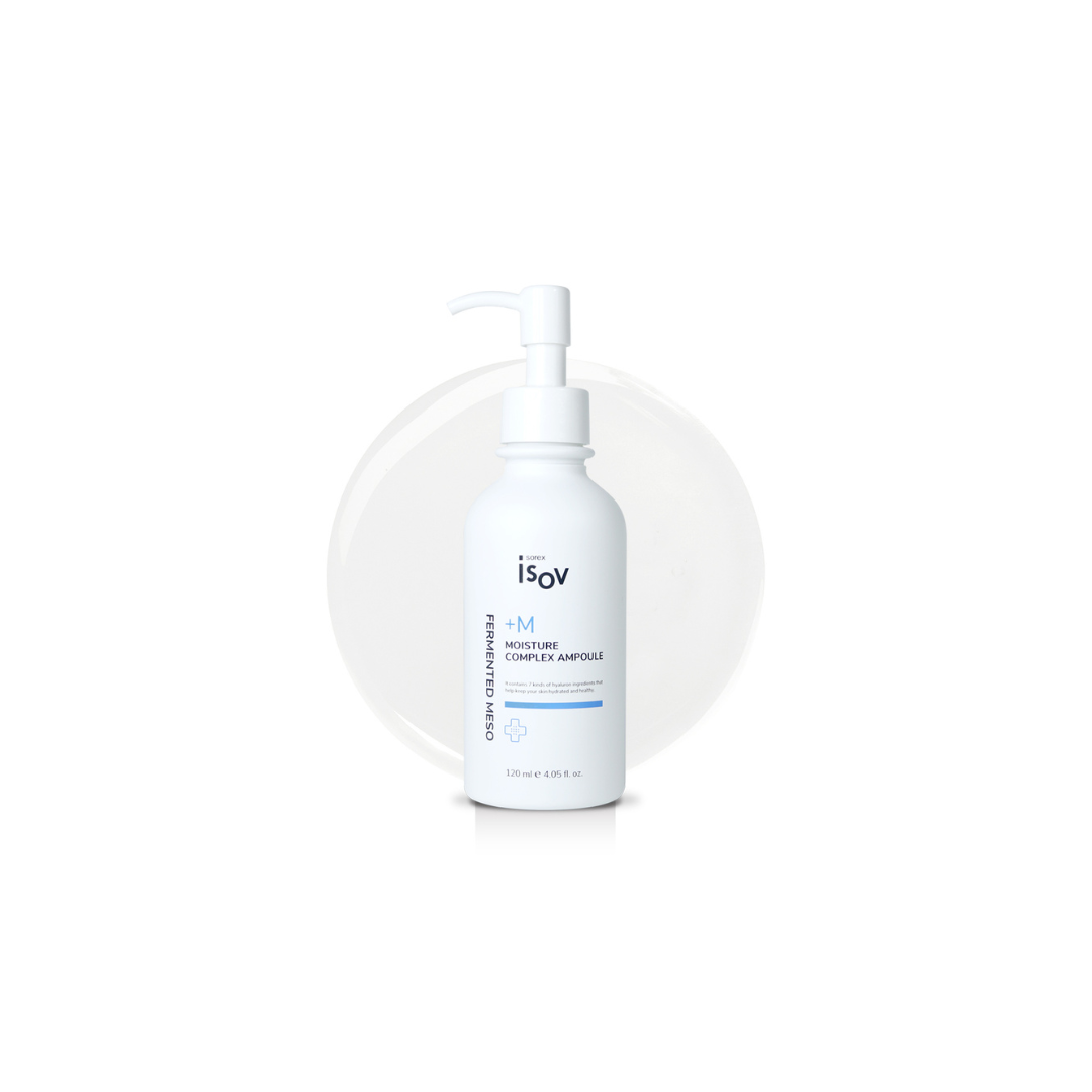 ISOV Fermented Meso+M Ampoule 120ml in a dropper bottle, showing the skincare ampoule with clear liquid and label.