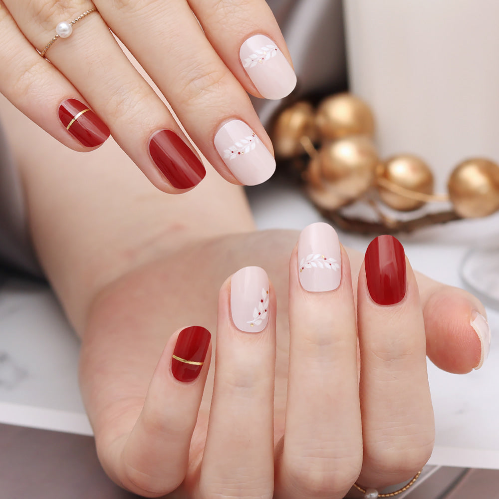 Glossy Blossom Shall We Dance gel nail strips applied on nails with a vibrant, elegant design for a stylish manicure.