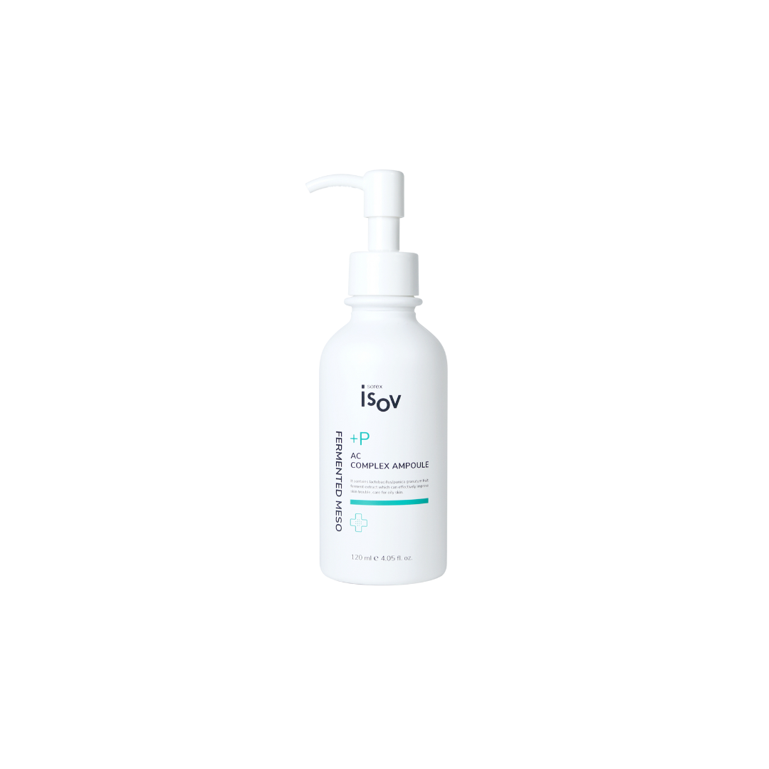 ISOV Fermented Meso+P Ampoule 120ml bottle with clear liquid, featuring a sleek label and cap, designed for skincare use.