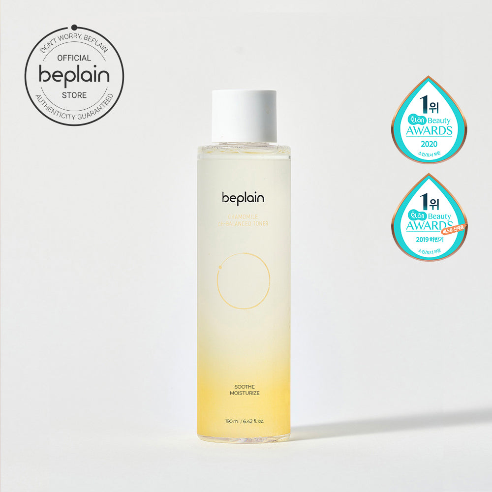 Beplain Chamomile pH-Balanced Toner in a 190ml bottle, featuring a clear liquid with a gentle chamomile infusion.